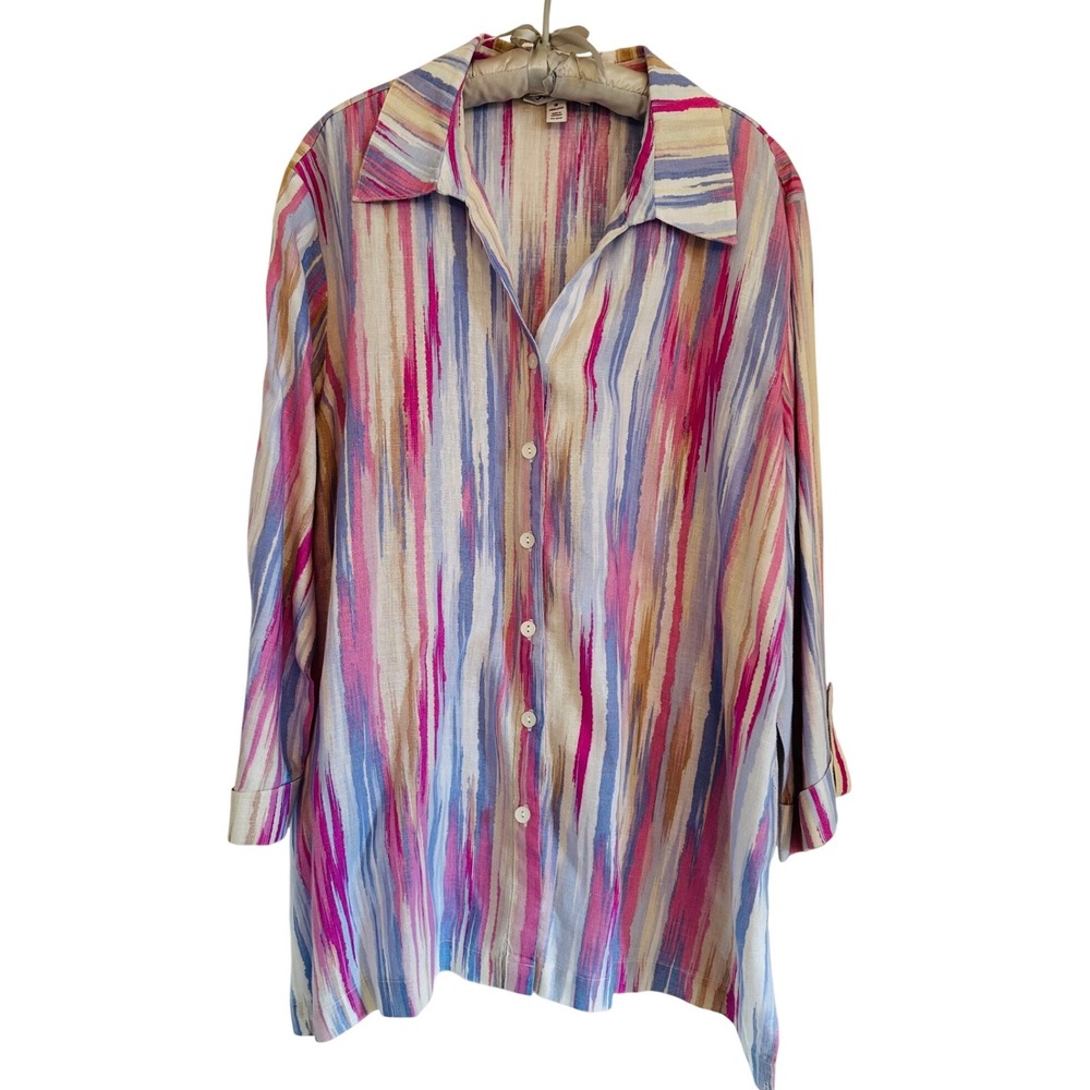 JM Collection 100% Linen 3/4 Sleeve Tunic Multicolor Stripe Women's Sz 18 Resort
